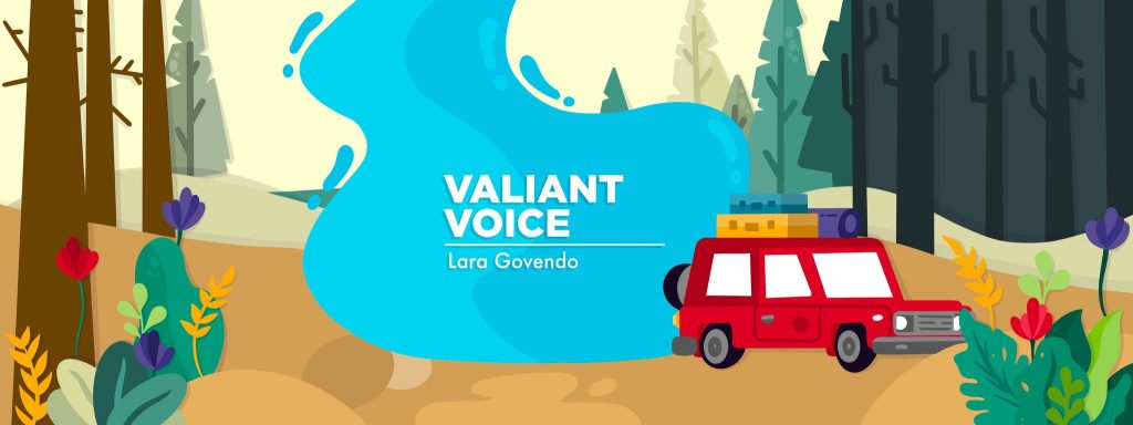 banner for Lara Govendo's column "Valiant Voice," depicting a car on a road trip winding through a forest