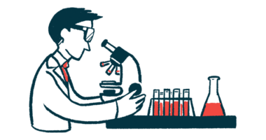 Illustration shows a clinical researcher using a microscope in a lab.