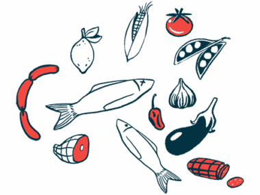 An illustration shows healthy foods, including fish and vegetables.