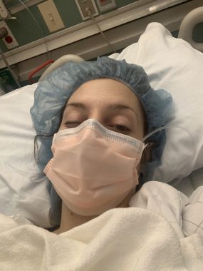 Surgery / Cystic Fibrosis News Today / Bailey wears a mask in the hospital after surgery.