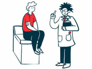 A doctor gestures with one hand while talking with a patient sitting on an examining table.