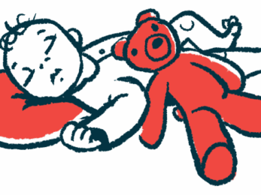 An infant sleeps next to a stuffed animal toy.