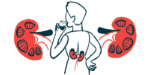A person seen from behind drinks from a glass, with their kidneys highlighted in their lower back and in an enlarged view on either side of them.