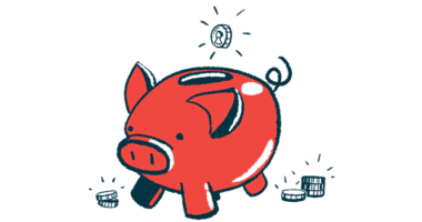 An illustration of a coin falling into a piggy bank.