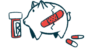 An illustration of healthcare costs, showing a cracked piggy bank with a bandage and a bottle of prescription medication.