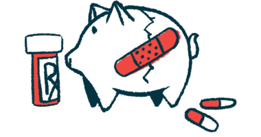 An illustration of healthcare costs, showing a cracked piggy bank with a bandage and a bottle of prescription medication.