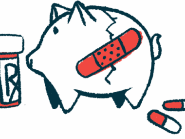 An illustration of healthcare costs, showing a cracked piggy bank with a bandage and a bottle of prescription medication.