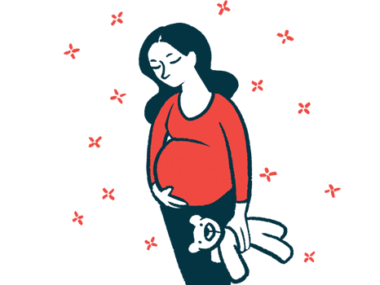 A pregnant woman holds a teddy bear with one hand while cradling her belly with the other.