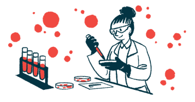 An illustration of a scientist working in a laboratory testing blood samples from a set of vials.