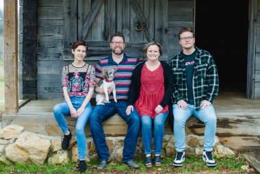 cystic fibrosis lung transplant | Cystic Fibrosis News Today | A family photo in front of what looks like an old, restored barn, shows Shannon and her husband, Jason, and stepchildren Roman and Gavin