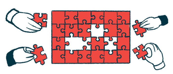 An illustration showing four hands working together to solve a puzzle.