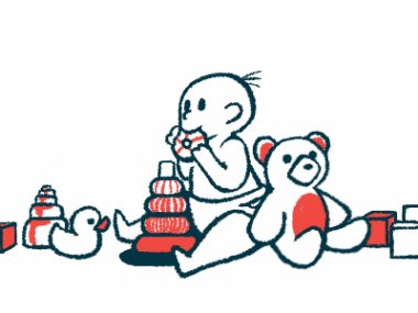 An illustration shows a baby playing with toys.