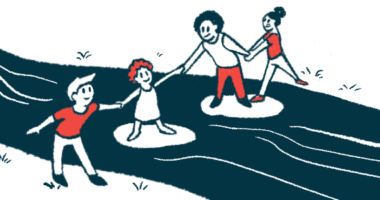 An illustration of a group of youth holding hands to assist each other while crossing a stream via rocks.