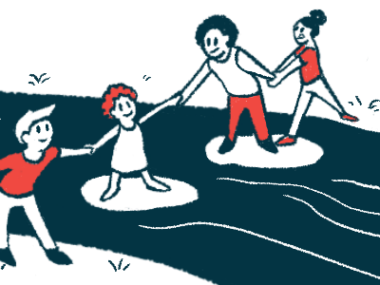 An illustration of a group of youth holding hands to assist each other while crossing a stream via rocks.