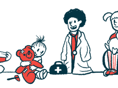 Three children play with toys as a doctor wathces.
