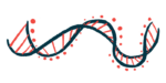 A strand of DNA twists like a ribbon in this illustration.