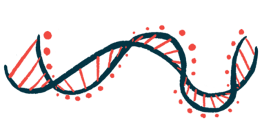 A strand of DNA twists like a ribbon in this illustration.