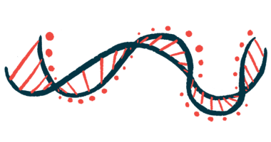 A strand of DNA twists like a ribbon in this illustration.