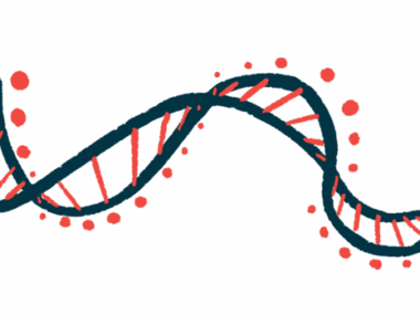 A strand of DNA twists like a ribbon in this illustration.