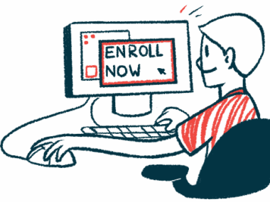 The words 'ENROLL NOW' are seen on the monitor of a person sitting at a desktop computer.