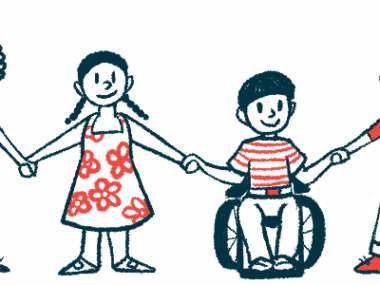 Children, including one in a wheelchair, are shown in a row holding hands.