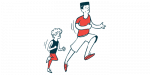 An adult and a child go running together.