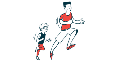 An adult and a child go running together.
