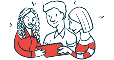 An illustration shows three people with a computer tablet.