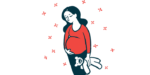 A pregnant woman cradles her belly with one hand while holding a teddy bear in the other.