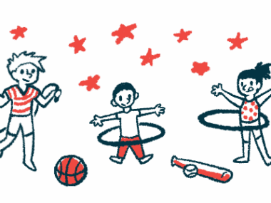 Two children play with hula hoops while a third jumps rope alongside a basketball and a baseball and bat.