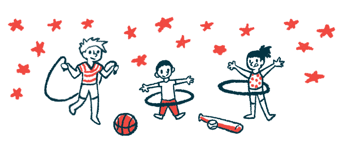 Two children play with hula hoops while a third jumps rope alongside a basketball and a baseball and bat.