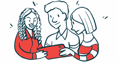 An illustration shows three people viewing a tablet.