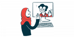 An illustration for telehealth shows a woman waving to a medical professional on her computer screen.