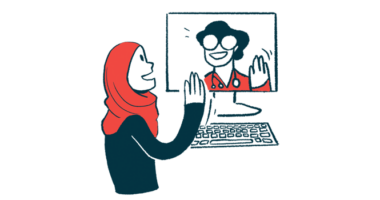 An illustration for telehealth shows a woman waving to a medical professional on her computer screen.