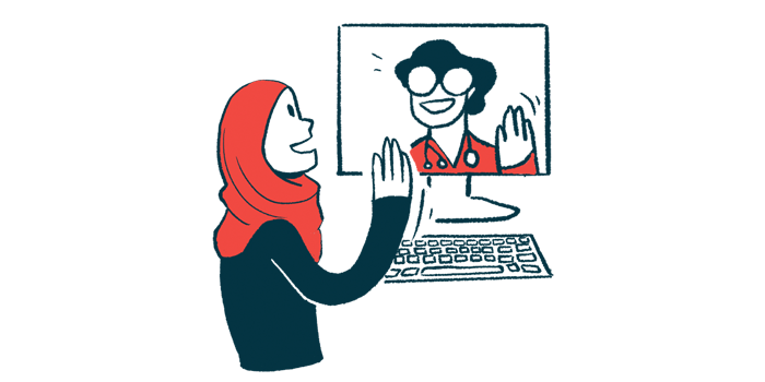 An illustration for telehealth shows a woman waving to a medical professional on her computer screen.
