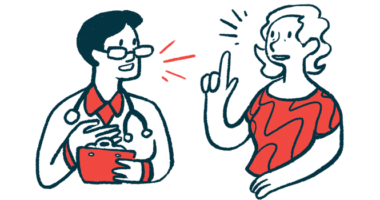 An illustration of a woman talking with a doctor, who holds a clipboard.