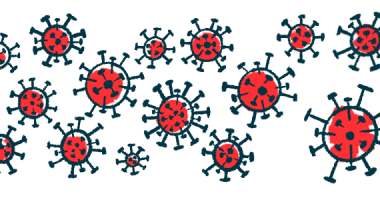 Figure shows several stylized viruses