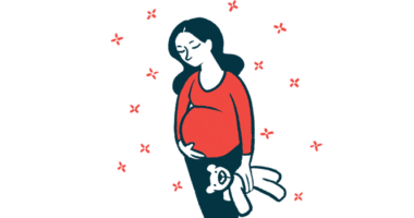 Illustration of pregnant woman holding a teddy bear.