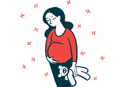 An illustration shows a pregnant woman holding a teddy bear.