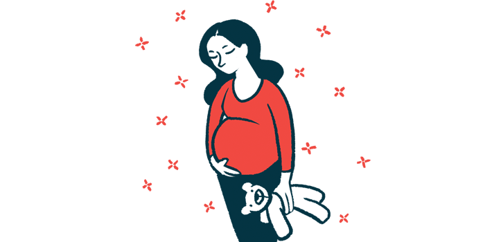 Illustration of pregnant woman holding a teddy bear.