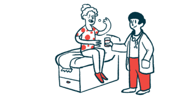 An illustration of a patient taking an oral medication from a medical professional.