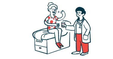 An illustration of a patient taking an oral medication from a medical professional.