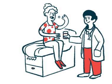 An illustration of a patient taking an oral medication from a medical professional.