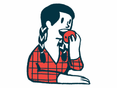 A young girl takes a bite from an apple in this illustration.