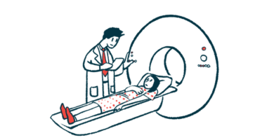 A person prepares for an imaging scan as a clinician stands nearby.