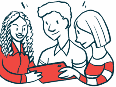 An illustration of three people looking at a computer tablet.