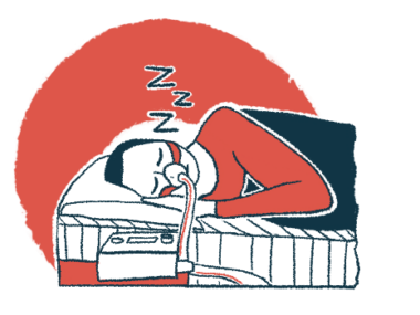 This illustration shows a person lying in bed and wearing a CPAP machine.