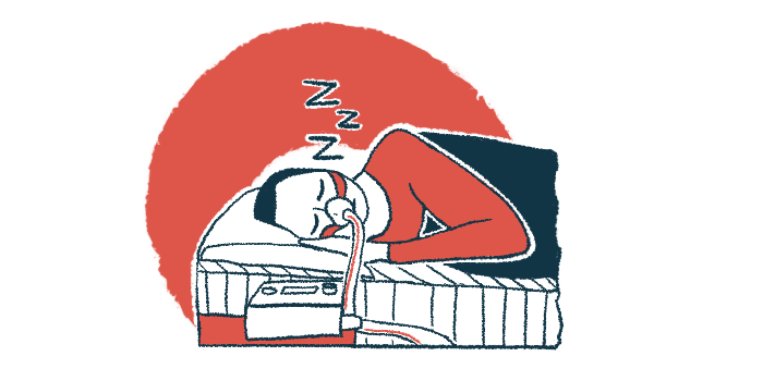 This illustration shows a person lying in bed and wearing a CPAP machine.