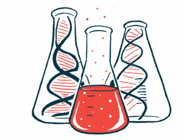 One beaker halfway filled with liquid is shown in front of two others will illustrations of DNA strands in them.