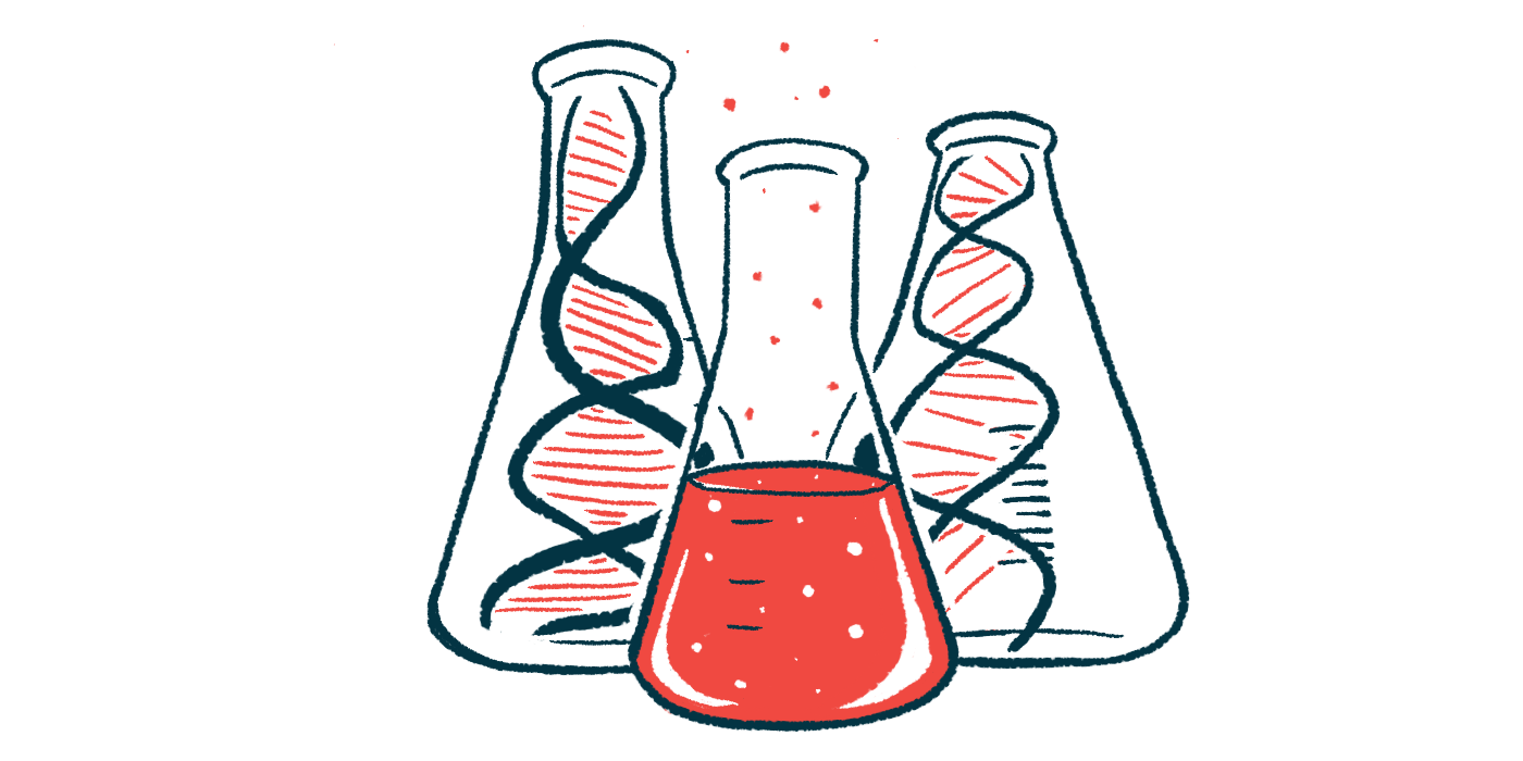 One beaker halfway filled with liquid is shown in front of two others will illustrations of DNA strands in them.